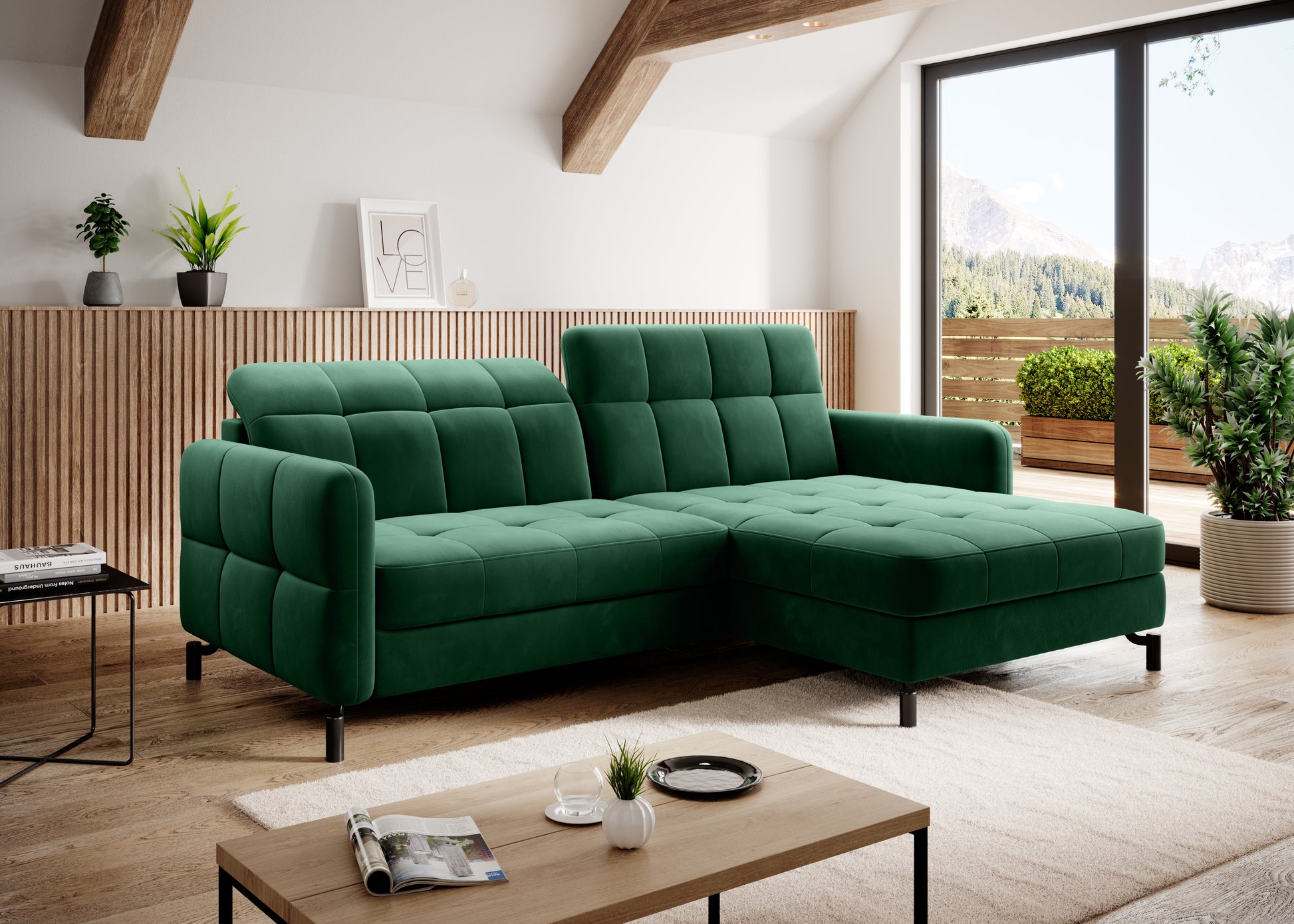 Narożnik Lorelle w kolorze Kronos 19 zielony, układ prawy, ustawiony w nowoczesnym salonie z dużymi oknami i drewnianymi elementami wystroju.