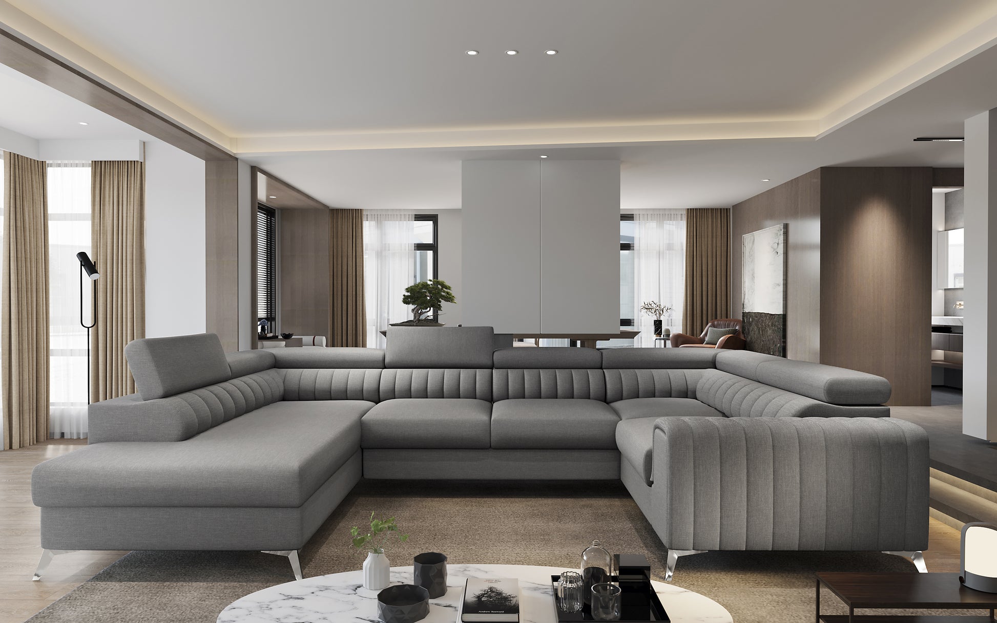 Nowoczesny salon z narożnikiem Louis w kolorze Flores 05 ciemnoszary w układzie lewym.