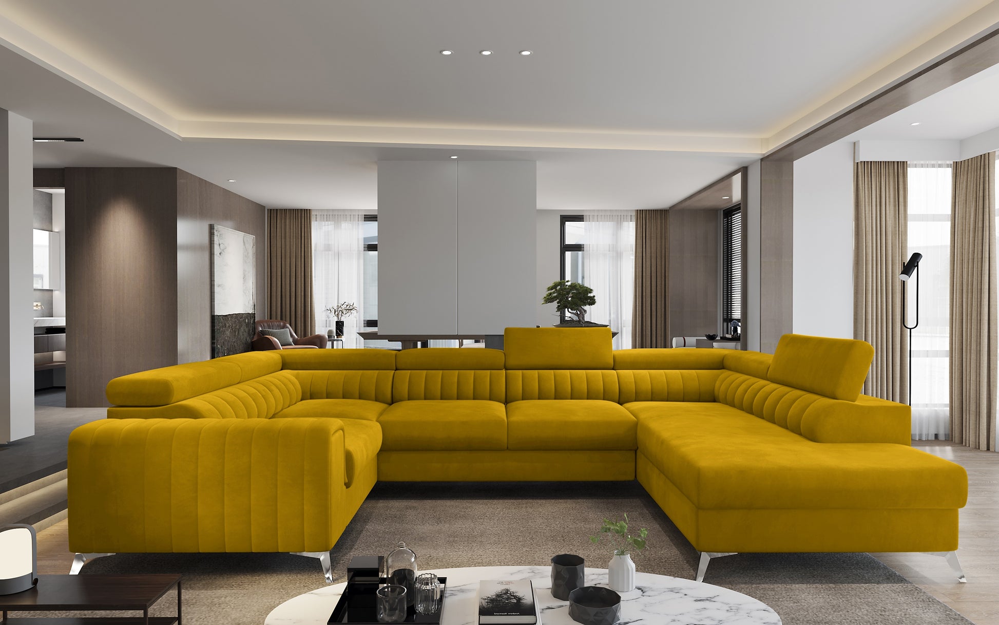 Przestronny salon z narożnikiem Louis w kolorze Loco 45 żółty w układzie prawym.