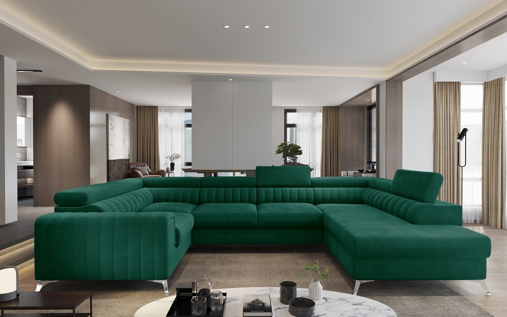 Przestronny salon z narożnikiem Louis w kolorze Nube 35 zielony w układzie prawym.