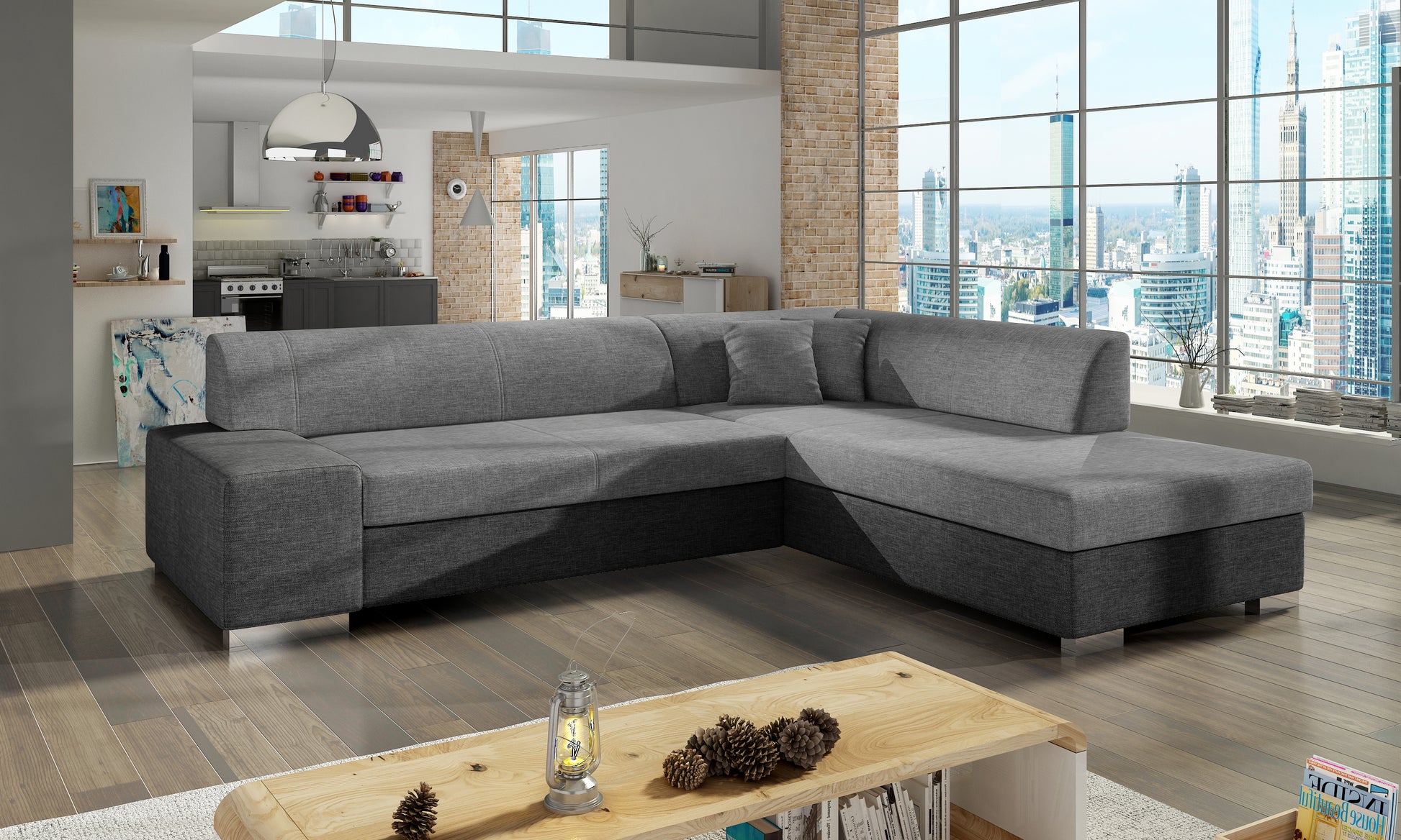 Szaro-beżowy narożnik Porto Sawana 21 i Sawana 05 prawy, elegancka sofa w kształcie L do nowoczesnego salonu, zapewniająca przestrzeń do relaksu, oglądania telewizji i wspólnego spędzania czasu