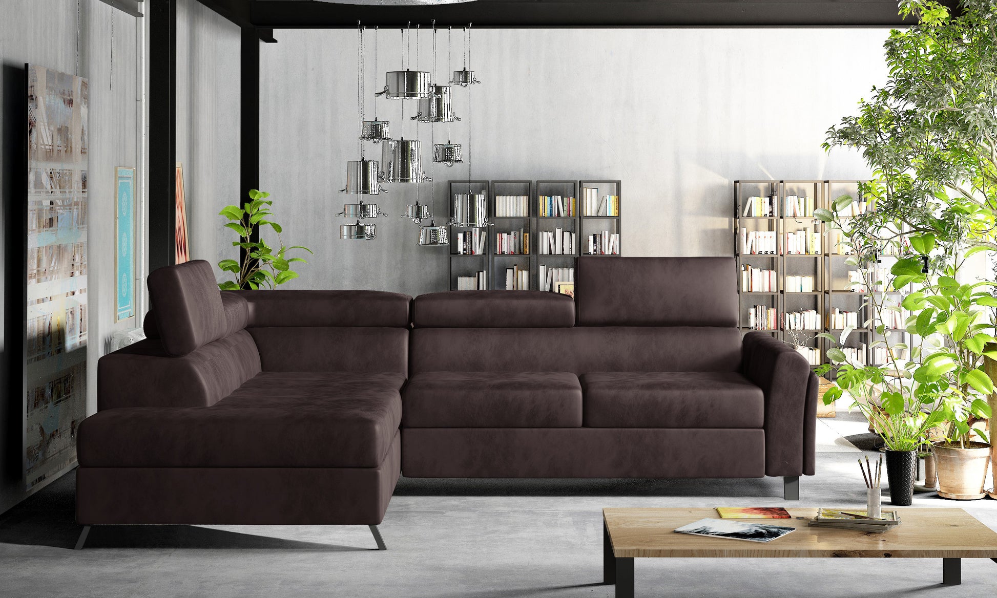 Nowoczesny brązowy narożnik do salonu Kairos lewy z tkaniną Velvetmat 29 tworzy komfortową strefę relaksu, która dobrze sprawdzi się w eleganckich, spokojnych i rodzinnych aranżacjach wnętrz.