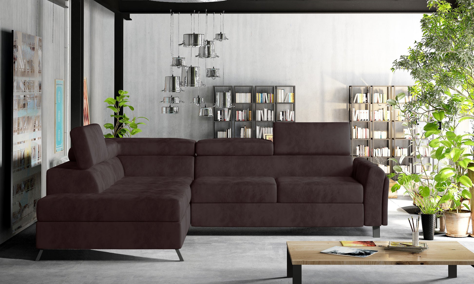 Nowoczesny brązowy narożnik do salonu Kairos lewy z tkaniną Kronos 06 tworzy komfortową strefę relaksu, która dobrze sprawdzi się w eleganckich, ciepłych i rodzinnych aranżacjach wnętrz.