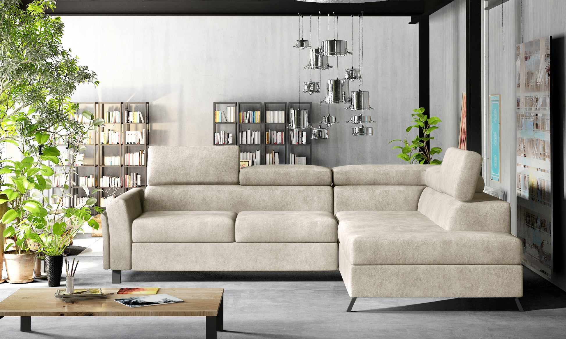 Sofa narożna Kairos Dora 21 beżowa z prawym układem wypoczynkowym oferuje przestronne siedziska, nowoczesną prostą formę i uniwersalny styl do rodzinnego pokoju dziennego.