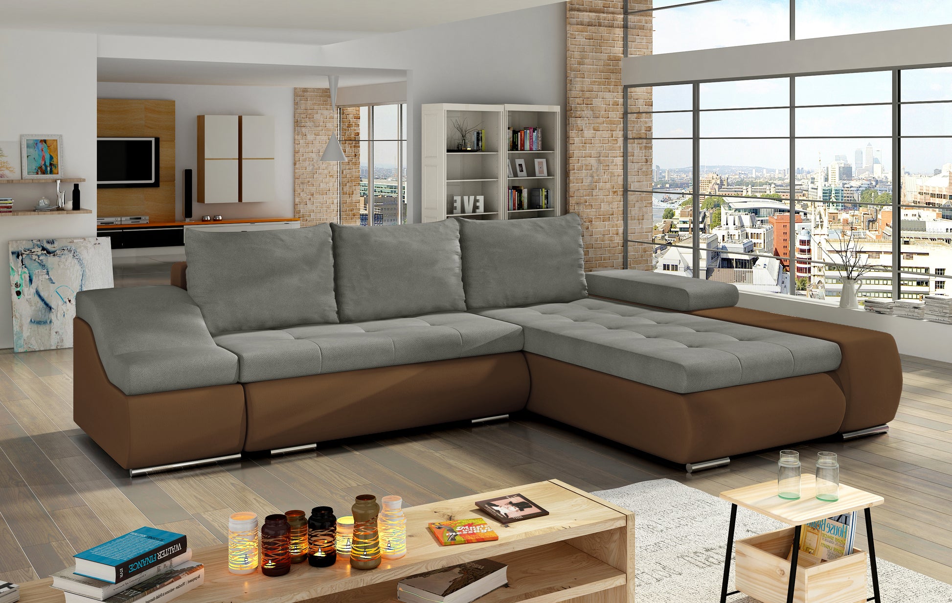 Beżowo-brązowa sofa narożna Ontario wykonana z materiałów Soro 13 i Soft 15 to doskonały wybór do domowego salonu, oferujący wygodne siedziska oraz stylowy wygląd inspirowany naturalnymi odcieniami ziemi