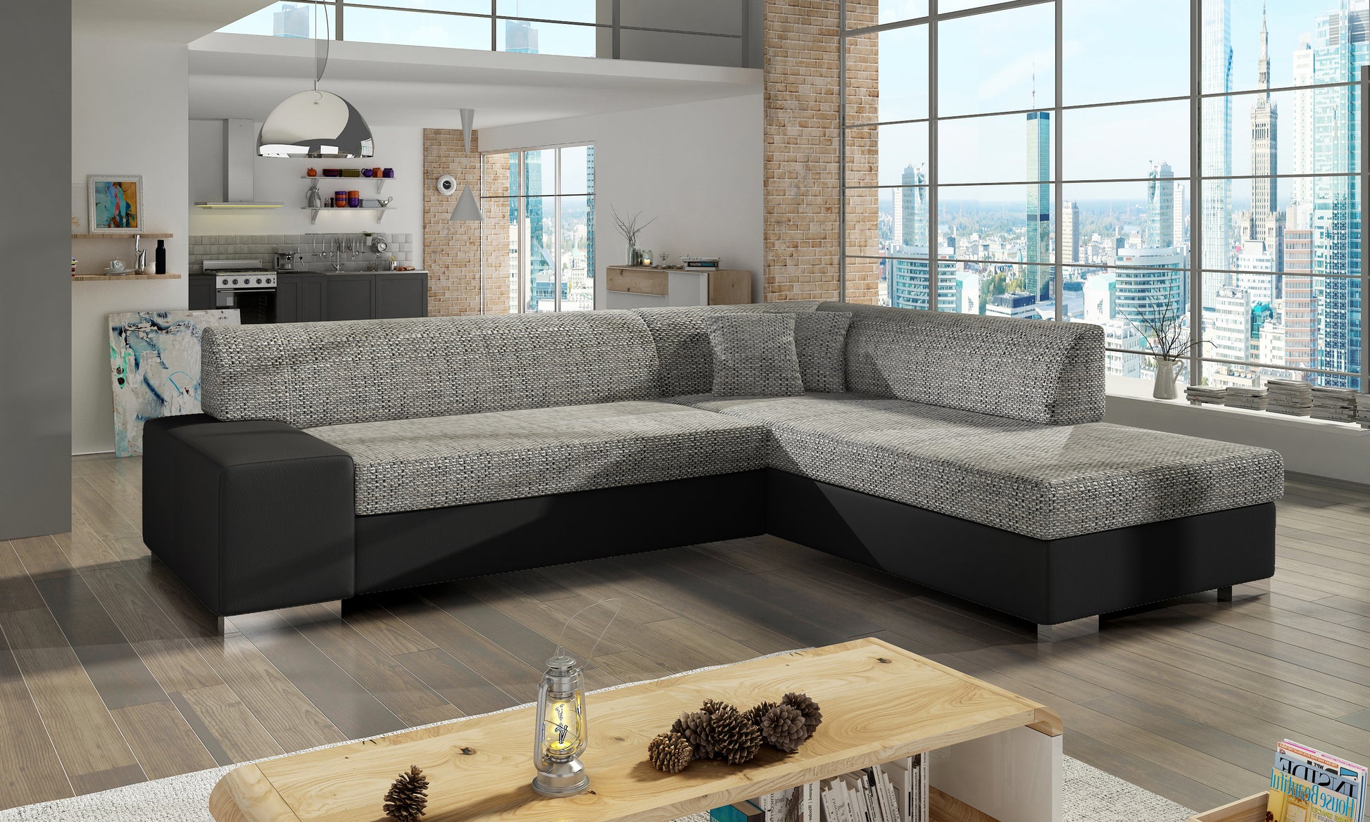 Szaro-czarna sofa narożna Porto wykonana z materiałów Berlin 01 oraz Soft 11 doskonale wpisuje się w aranżacje loftowe i nowoczesne, oferując komfortowe siedziska i estetyczny design dopasowany do wnętrza