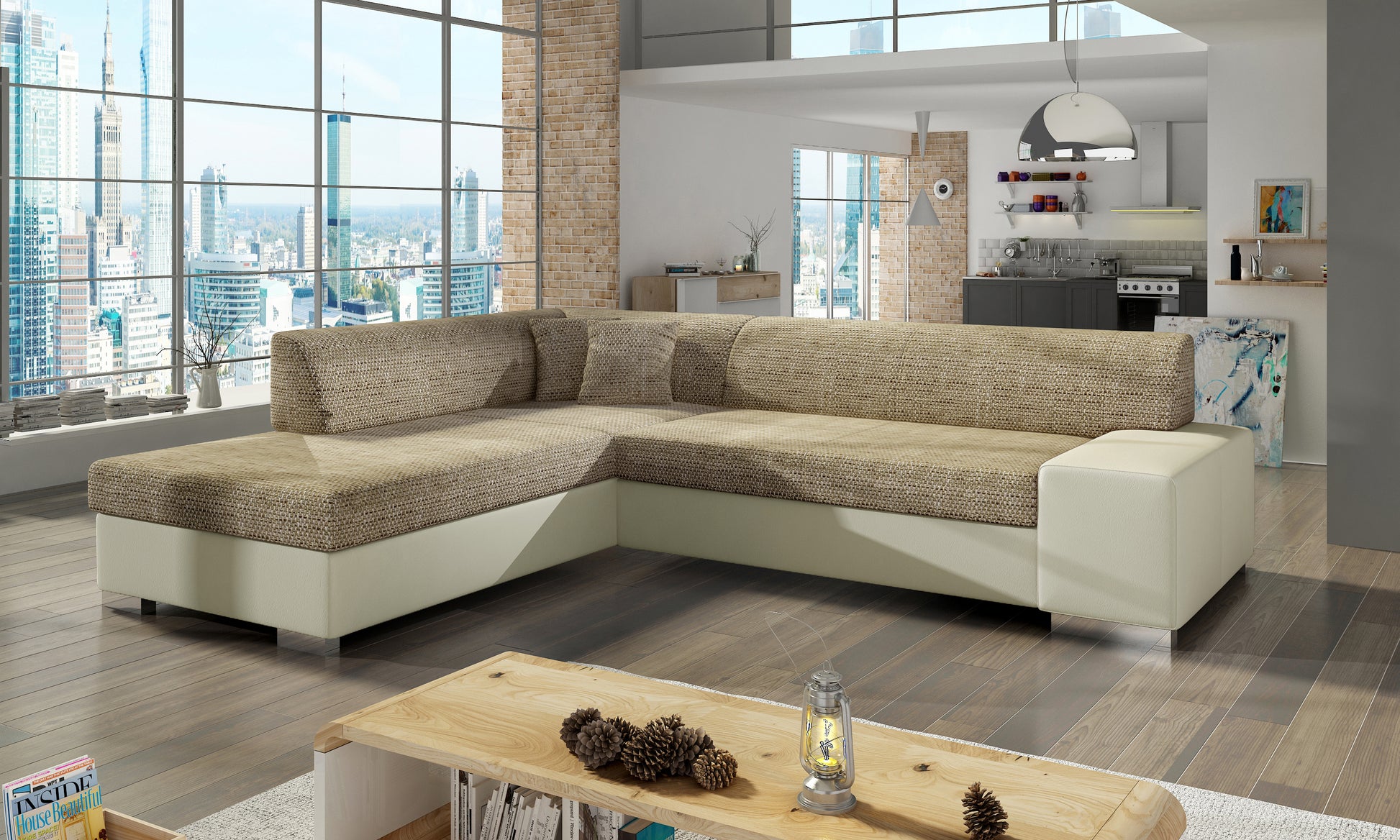 Beżowa sofa narożna Porto wykonana z materiałów Berlin 03 i Soft 33 to doskonały wybór do jasnych wnętrz, gdzie liczy się harmonia kolorów, komfort użytkowania oraz estetyczny wygląd dopasowany do nowoczesnych aranżacji