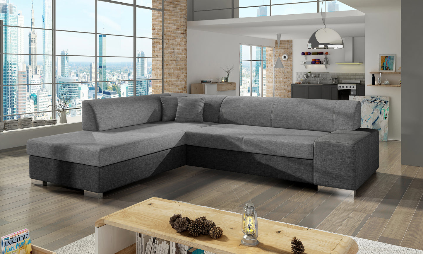 Szaro-ciemnoszara sofa narożna Porto wykonana z materiałów Sawana 21 i Sawana 05 to praktyczny wybór do nowoczesnych wnętrz, zapewniający komfort użytkowania oraz estetyczny wygląd dopasowany do różnych aranżacji