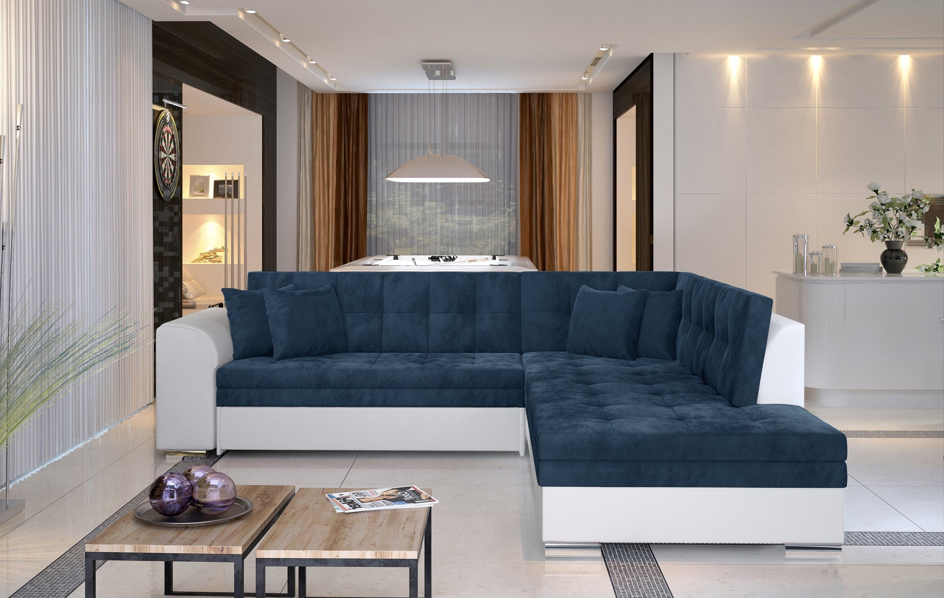 Narożnik Pieretta w granatowym kolorze Kronos 09 z kontrastowym wykończeniem Soft 17 doskonale sprawdzi się w nowoczesnym salonie, tworząc przytulną i elegancką strefę wypoczynkową.