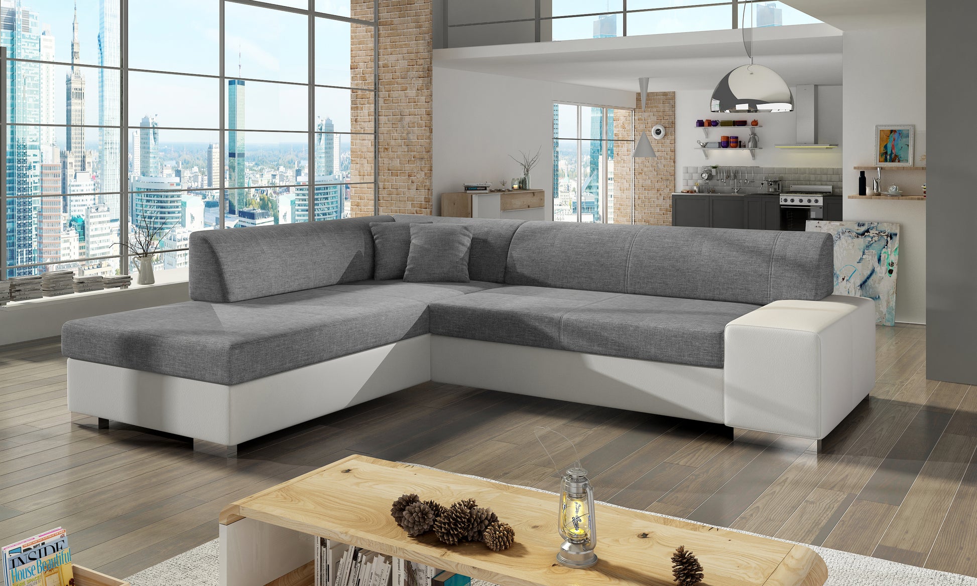 Szaro-biała sofa narożna Porto wykonana z materiałów Sawana 21 i Soft 17 to praktyczny wybór do salonu, oferujący komfortowe siedziska oraz estetyczny wygląd dopasowany do nowoczesnych aranżacji wnętrz