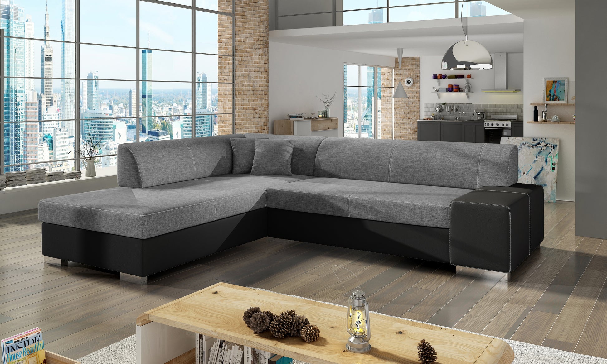 Szaro-czarna sofa narożna Porto wykonana z materiałów Sawana 21 i Soft 11 to funkcjonalny mebel do salonu, oferujący komfortowe siedziska oraz stylowy wygląd dopasowany do nowoczesnych i loftowych aranżacji