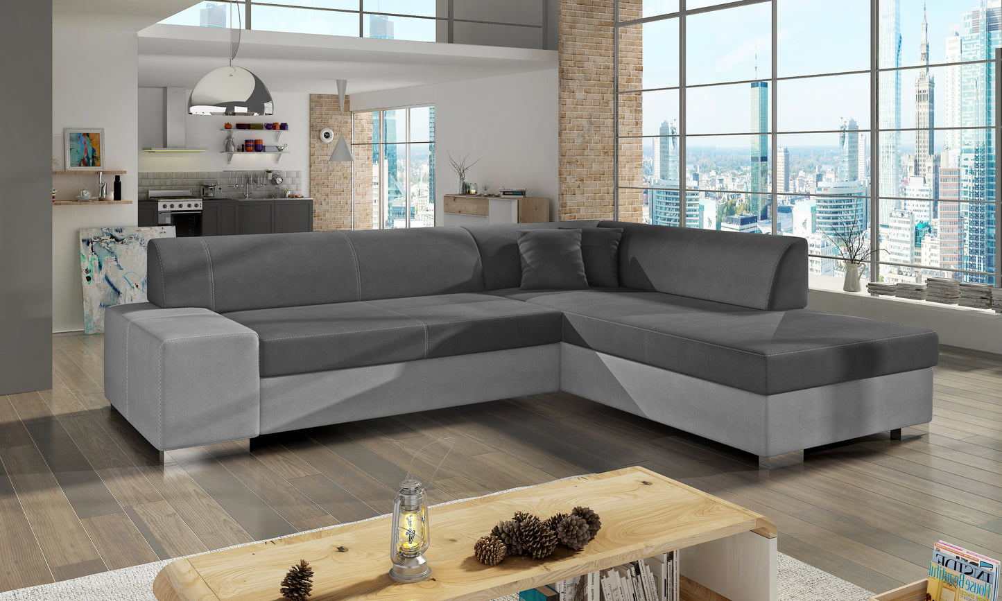Szara sofa narożna Porto wykonana z materiałów Soro 93 i Soro 83 w układzie prawym doskonale sprawdzi się w nowoczesnych wnętrzach, zapewniając komfort użytkowania oraz estetyczny wygląd dopasowany do aranżacji
