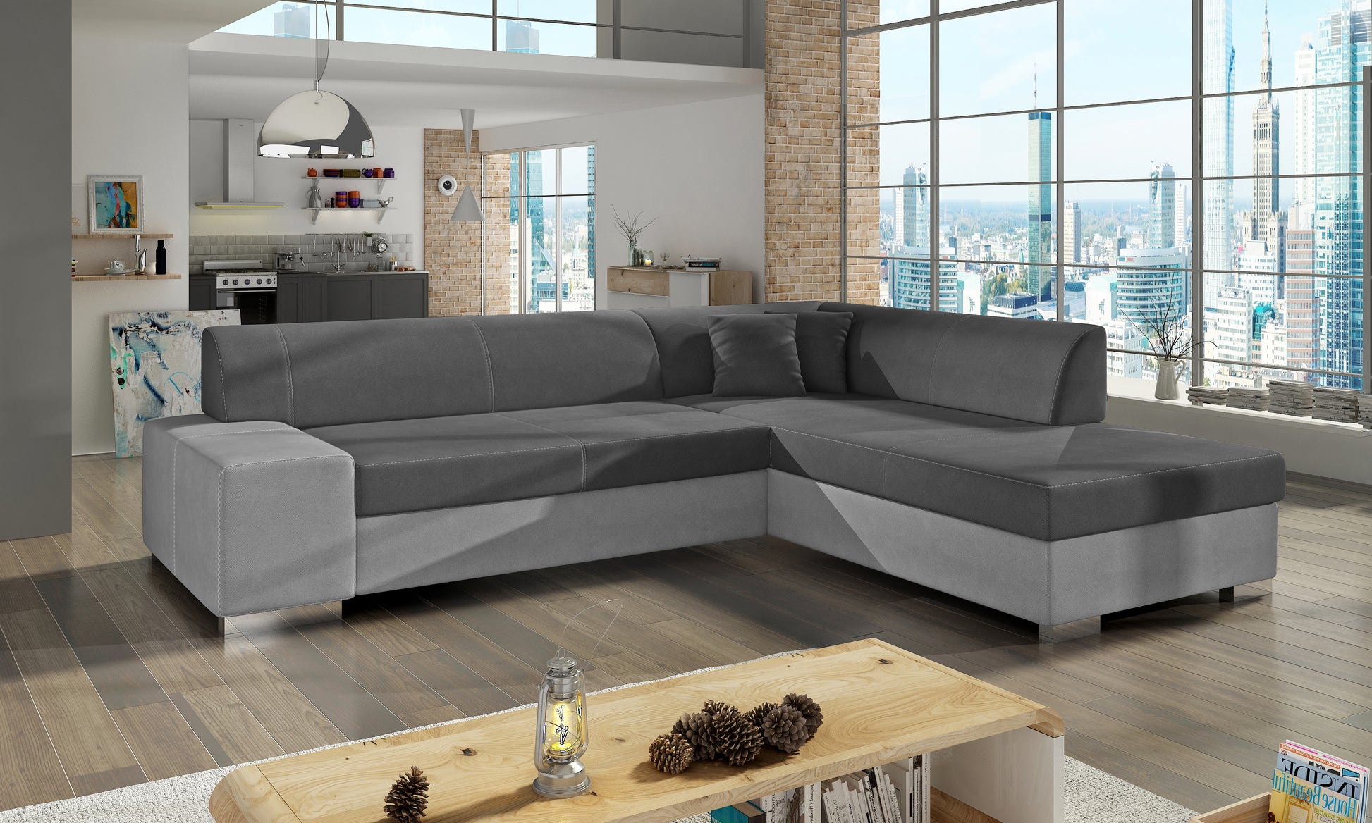 Szara sofa narożna Porto wykonana z materiałów Soro 93 i Soro 83 w układzie prawym doskonale sprawdzi się w nowoczesnych wnętrzach, zapewniając komfort użytkowania oraz estetyczny wygląd dopasowany do aranżacji