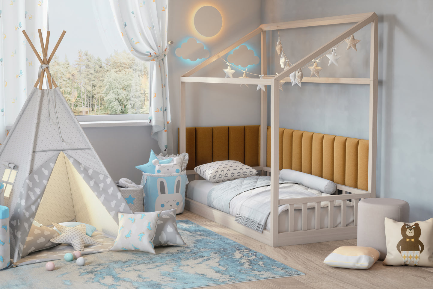 Przytulny pokój dziecięcy z drewnianym łóżkiem w kształcie domku i tipi; za łóżkiem oraz w rogu pomieszczenia widać żółte panele Quadratta II Monolith 48, pełniące funkcję tapicerowanego zagłówka.