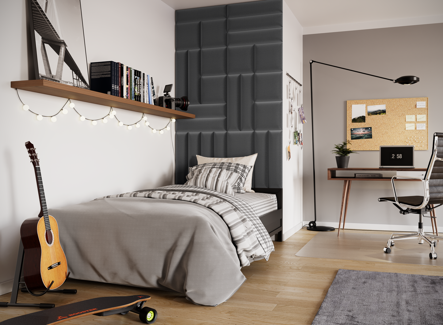 Nowoczesna sypialnia z łóżkiem, gitarą i biurkiem przy ścianie; za zagłówkiem widać dekoracyjne, ciemnoszare panele akustyczne Quadratta IV Monolith 97 tworzące stylową izolację ściany.