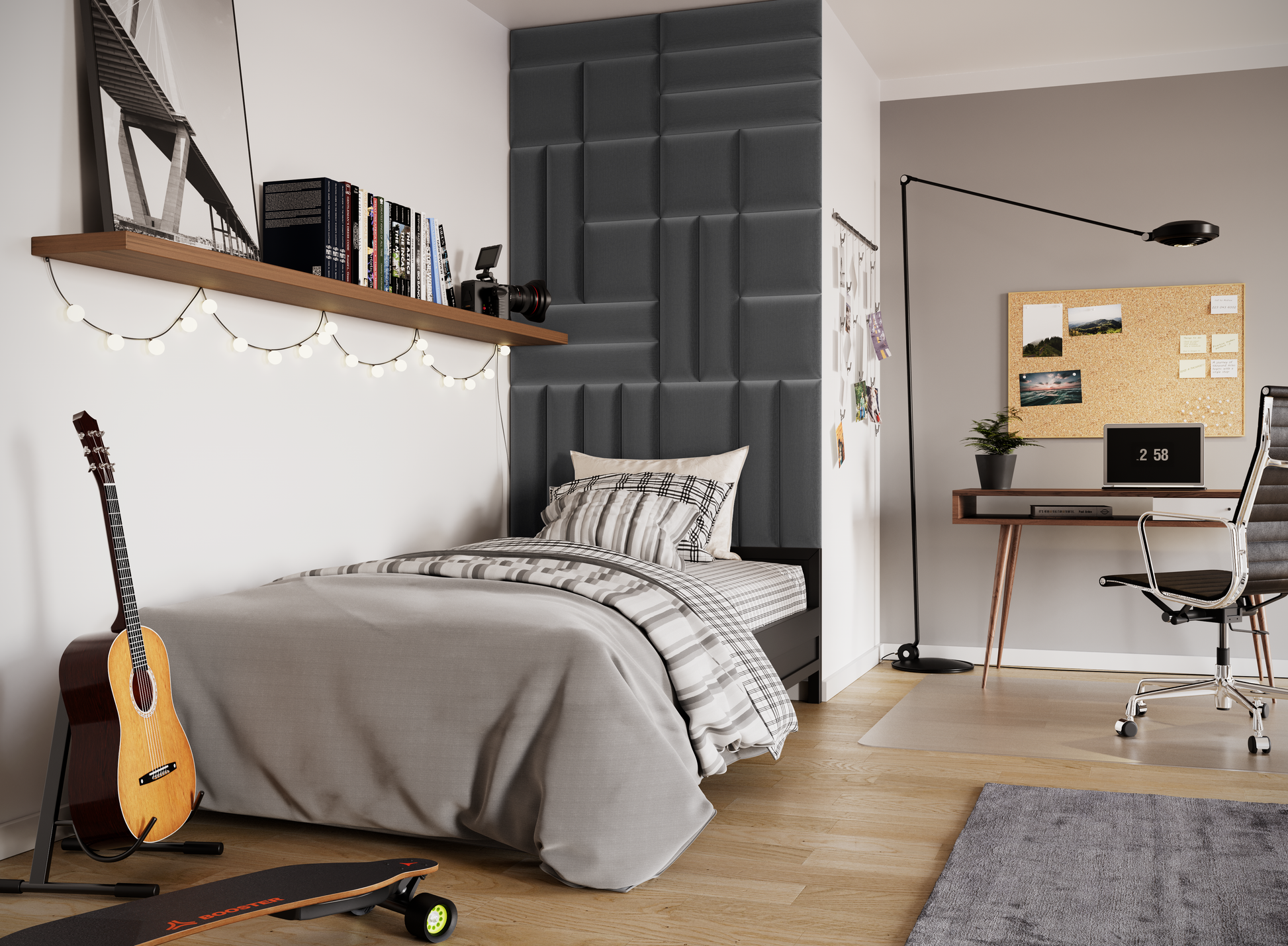 Nowoczesna sypialnia z łóżkiem, gitarą i biurkiem przy ścianie; za zagłówkiem widać dekoracyjne, ciemnoszare panele akustyczne Quadratta IV Monolith 97 tworzące stylową izolację ściany.