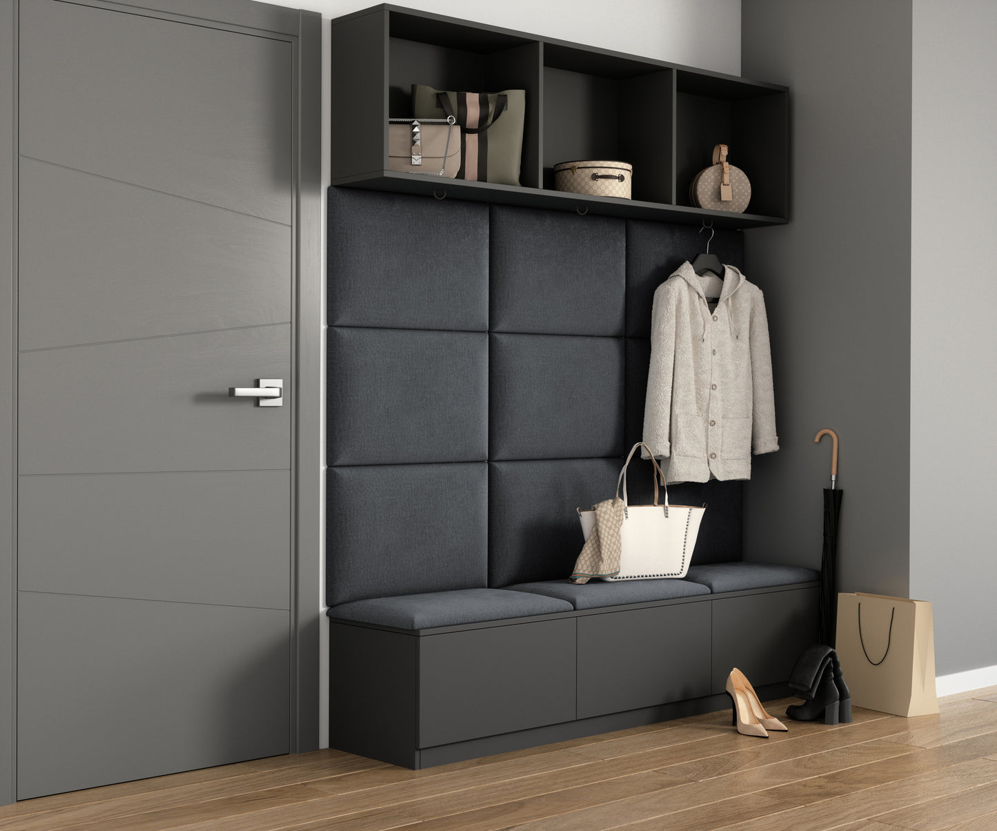 Nowoczesna wnęka przedpokoju z czarną ławką, metalowymi haczykami i półką na torby; za ławką znajduje się jasnoniebieski panel akustyczny Quadratta VI Monolith 76 z poziomymi pasami.