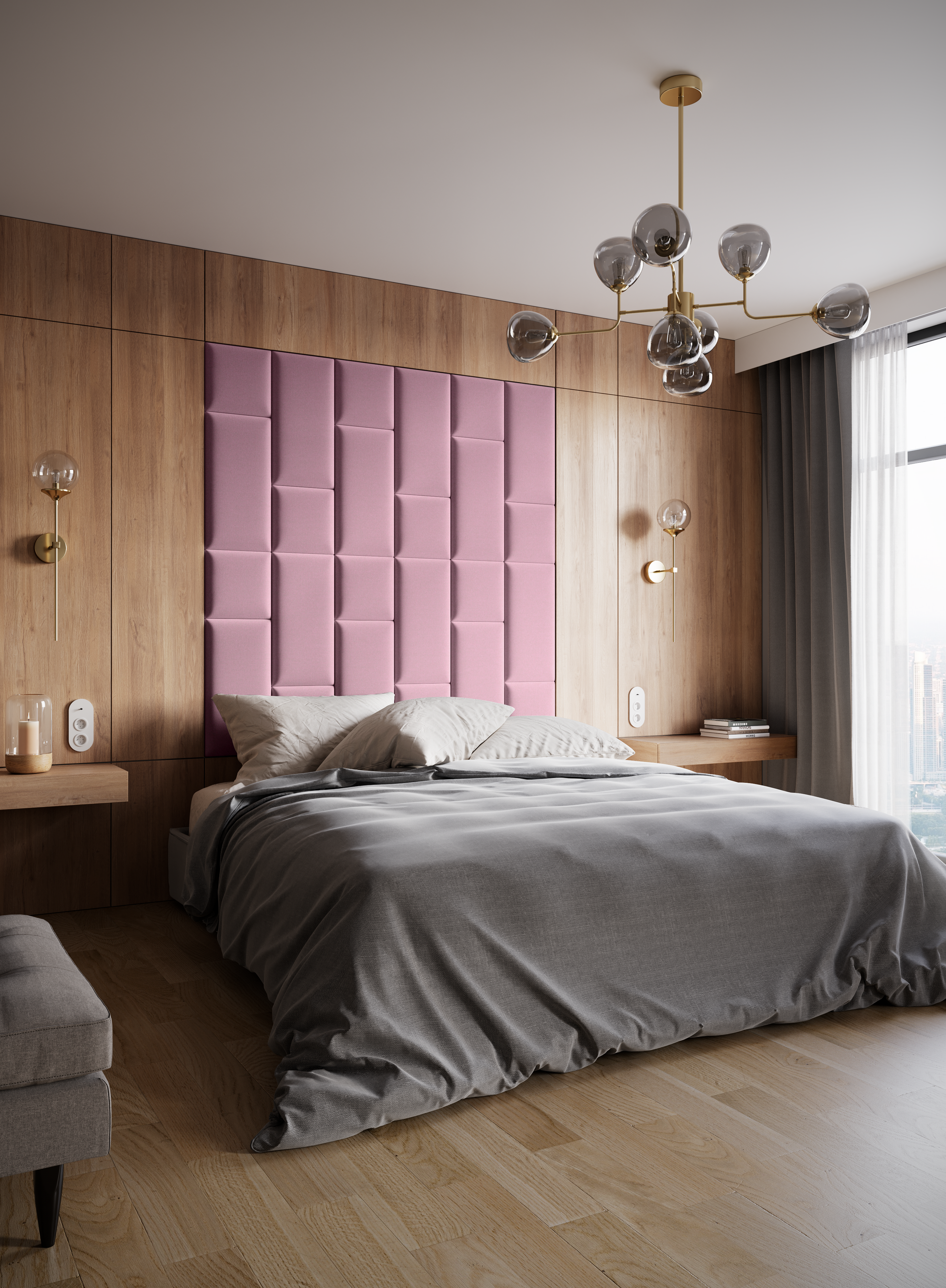 Elegancka sypialnia z drewnianą ścianą za wezgłowiem; na jej środku zawieszono różowy panel akustyczny Quadratta VII Monolith 63, pełniący funkcję tapicerowanego zagłówka i izolacji akustycznej.