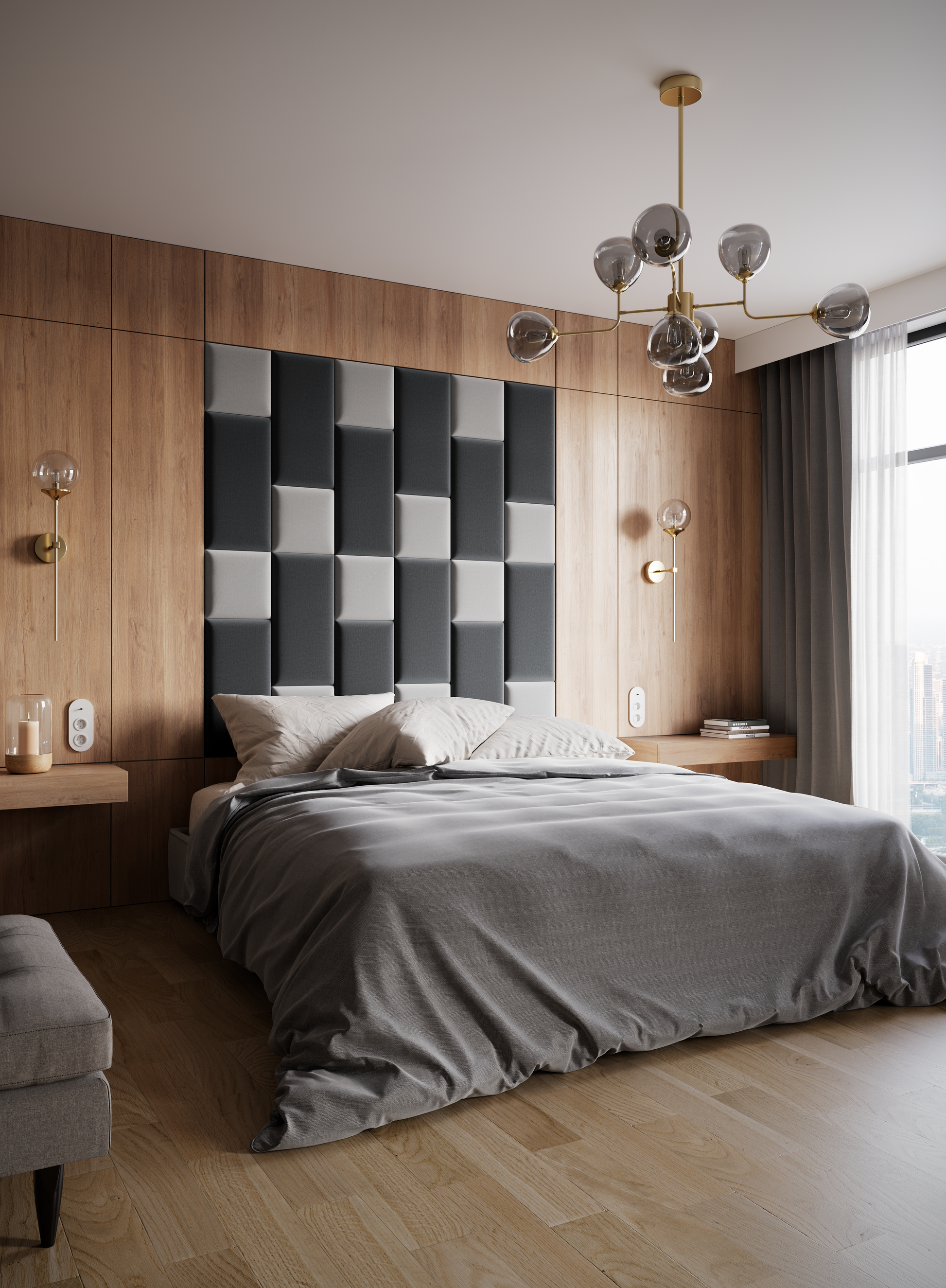 Nowoczesna sypialnia z drewnianą ścianą za wezgłowiem; nad łóżkiem zawieszono geometryczną kompozycję paneli Quadratta VII Monolith 84/97 w rytmicznym wzorze jasnoszaro-ciemnoszarych modułów.