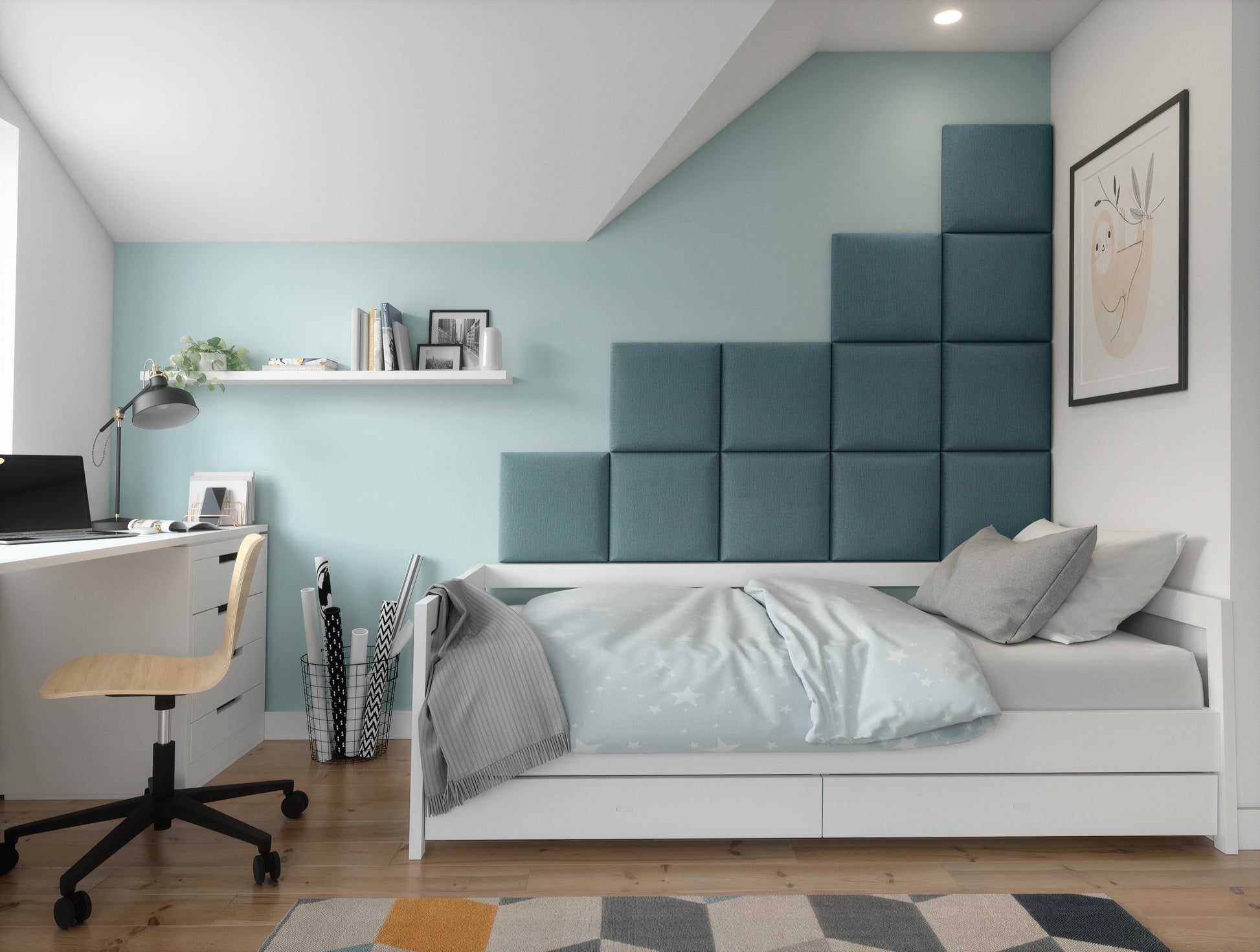 Przytulny pokój dziecięcy z tipi, białym łóżkiem i biurkiem; na jasnoniebieskiej ścianie za łóżkiem zamontowano jasnoniebieskie panele Quadratta VIII Monolith 48 w kształcie schodków.
