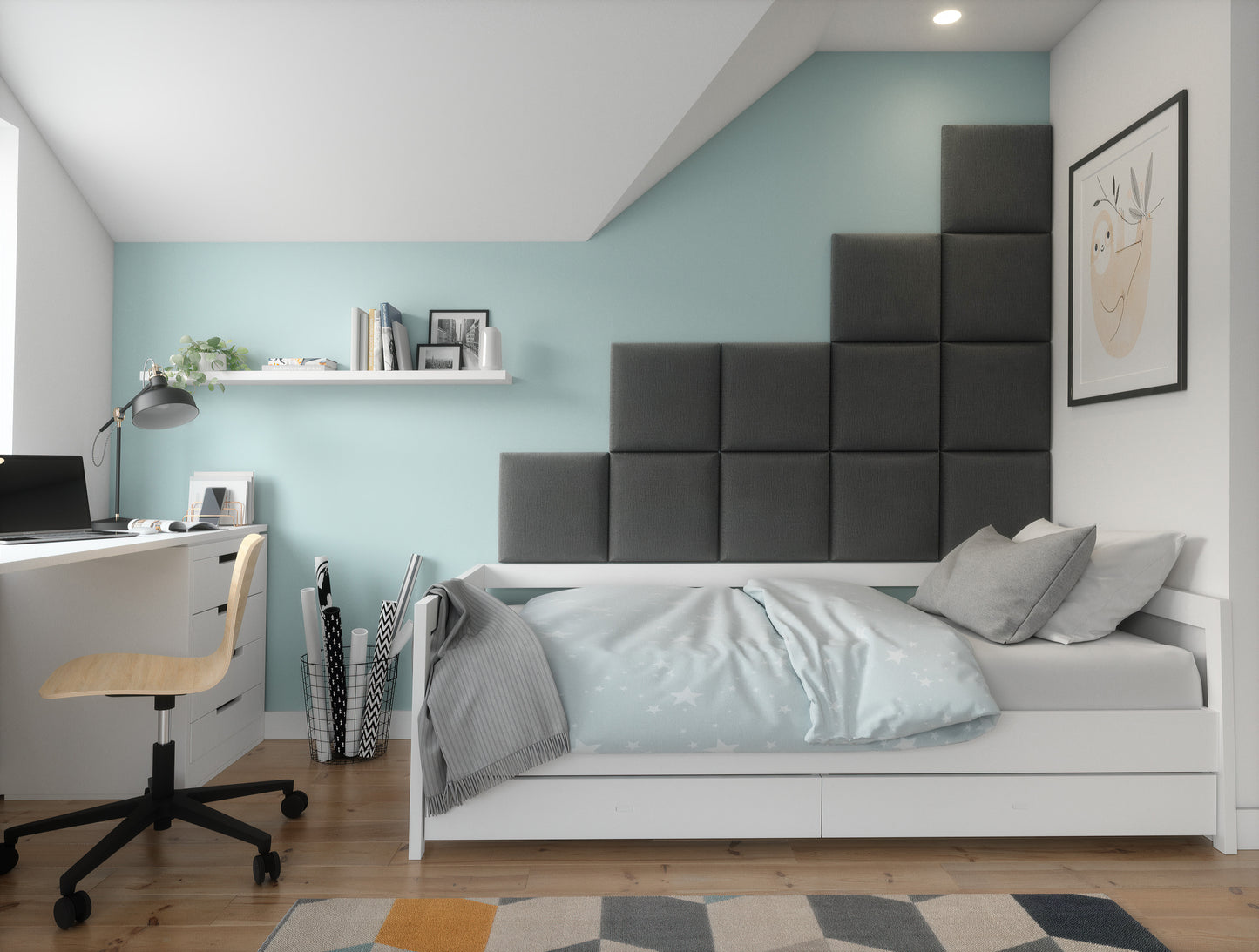 Nowoczesna sypialnia z drewnianą ścianą za wezgłowiem; nad łóżkiem zamontowano prostokątną kompozycję paneli Quadratta VII Monolith 84/97 w naprzemiennym układzie jasnoszarych i ciemnoszarych modułów.