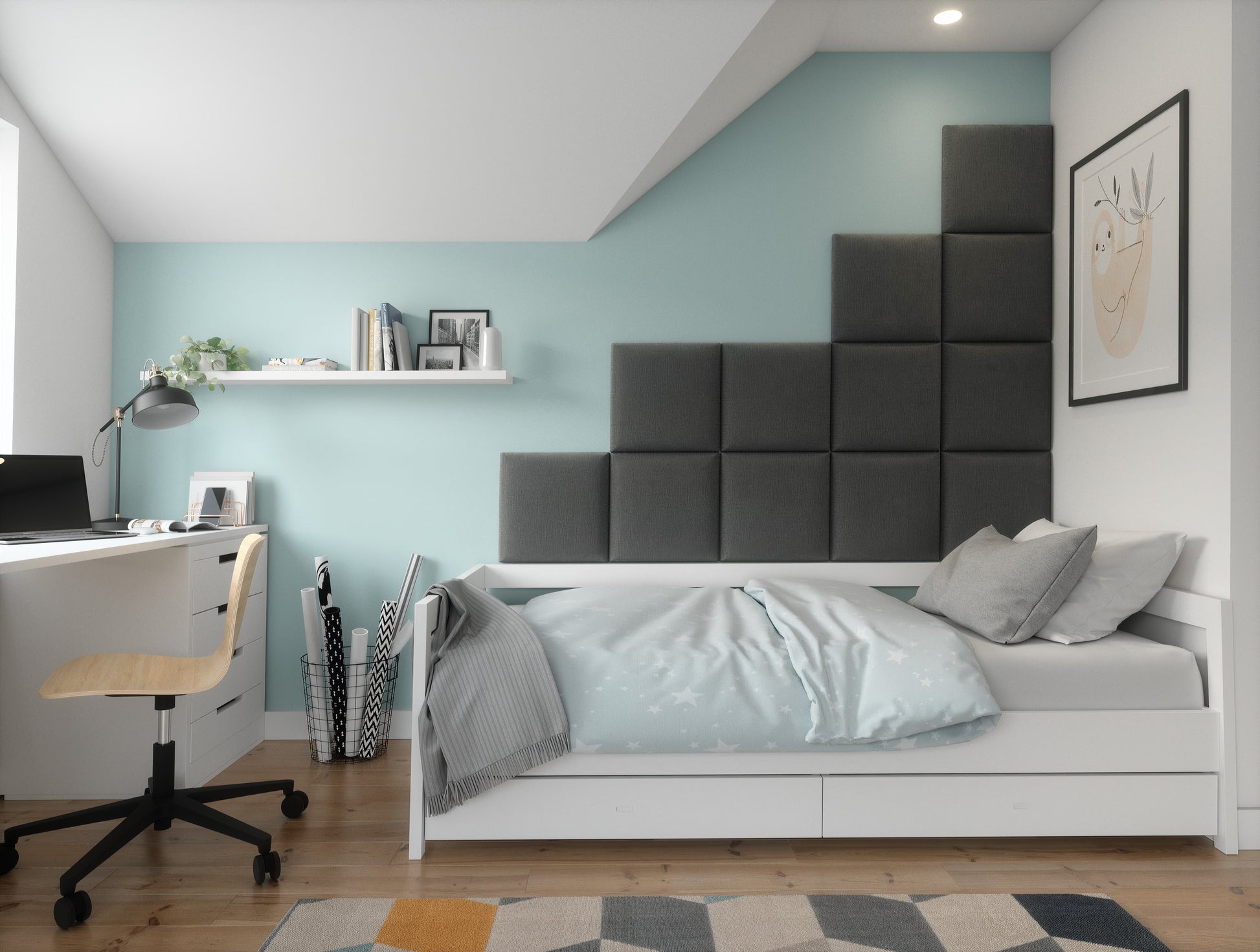 Nowoczesna sypialnia z drewnianą ścianą za wezgłowiem; nad łóżkiem zamontowano prostokątną kompozycję paneli Quadratta VII Monolith 84/97 w naprzemiennym układzie jasnoszarych i ciemnoszarych modułów.