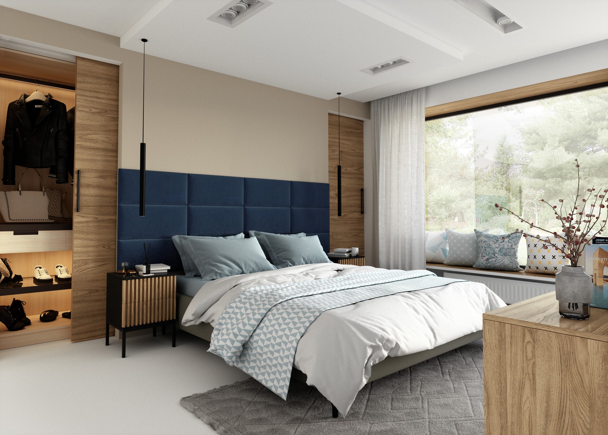 Przytulny pokój dziecięcy z białym łóżkiem i turkusową lampą; na jasnoszarej ścianie za zagłówkiem zamontowano kątowy zestaw niebieskich paneli Quadratta IX Monolith 77 jako tapicerowany wezgłowiek i izolację akustyczną.