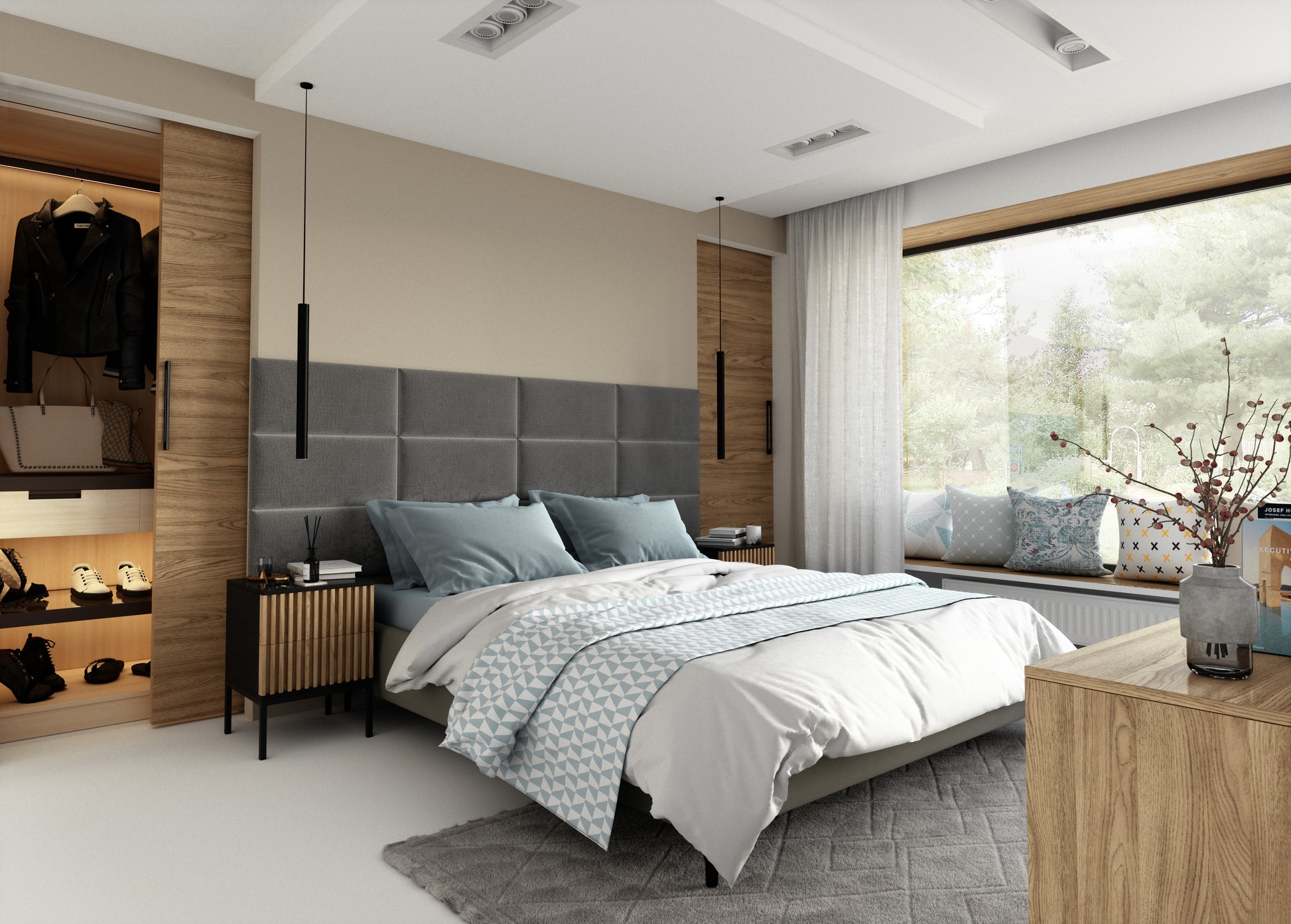 Sypialnia z łóżkiem opartym o zagłówek z paneli akustycznych Quadratta X Monolith 85 szary, z drewnianą zabudową i siedziskiem przy dużym oknie.