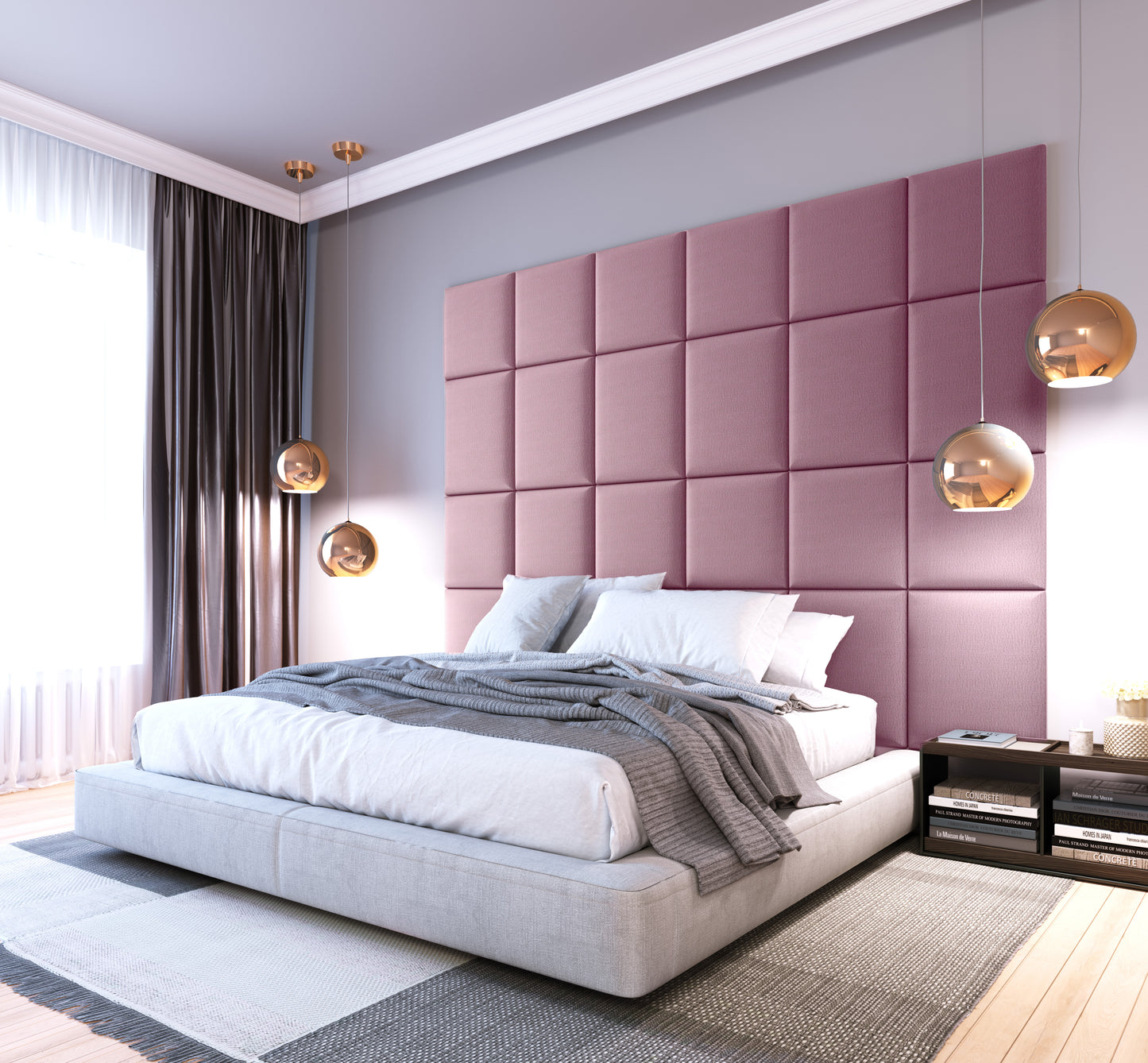 Nowoczesna sypialnia z łóżkiem opartym o wysoki zagłówek z paneli Quadratta XI Monolith 63 różowy, ozdobiona podwieszanymi lampami i szarymi dodatkami.