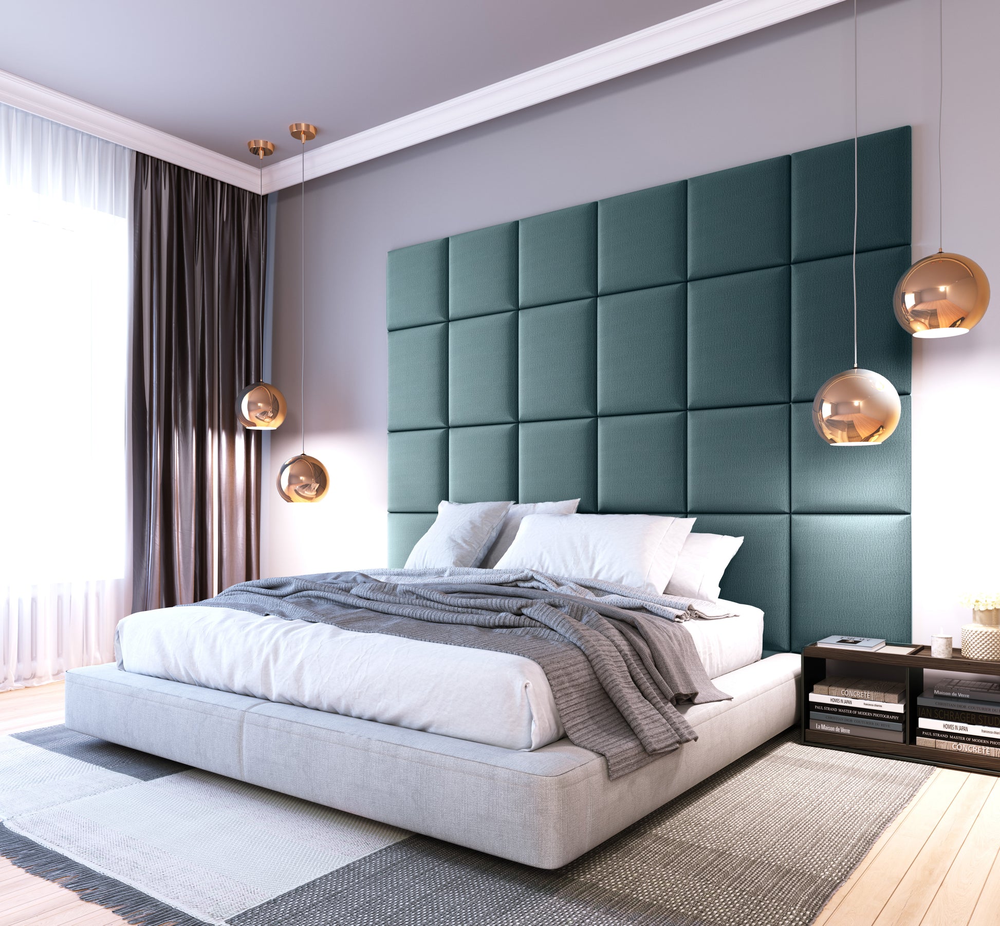 Elegancka sypialnia z łóżkiem opartym o wysoki zagłówek z paneli Quadratta XI Monolith 76 jasnoniebieski, uzupełniona podwieszanymi lampami i szarymi tekstyliami.